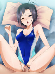 antenna_hair black_eyes black_hair blush breasts censored cleavage competition_swimsuit cum cum_in_pussy cum_inside female highres human idolmaster kaiga makoto_kikuchi male mosaic_censoring one-piece_swimsuit open_mouth penis saliva sex short_hair straight swimsuit swimsuit_aside vaginal_penetration wet wince wink