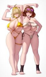 2girls :3 ahoge anis_(nikke) anis_(sparkling_summer)_(nikke) barefoot belly_button big_breasts bikini blonde_hair blunt_bangs blush breasts brown_eyes brown_hair elegg_(boom_and_shock)_(nikke) elegg_(nikke) eyepatch_bikini feet female female_only goddess_of_victory:_nikke hair_intakes hair_over_eyes huge_breasts kairuhentai kairunoburogu light-skinned_female light_skin navel short_hair side-tie_bikini side-tie_panties skindentation stirrup_legwear stirrup_socks sunglasses sunglasses_on_head swimsuit thigh_strap white_background