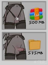absurd_res anthro balls bottomless butt chastity_cage chastity_device chastity_strap clothed clothing curled_tail decompressed_file_meme digitigrade djannetur djannetur_(character) foreskin garter_belt garter_straps genitals grey_body hi_res humanoid_genitalia hybrid legwear lingerie male meme metal_chastity_cage navel no_underwear partially_clothed penis solo standing stockings tail thigh_highs vein