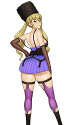 1girls alternate_version_available angry annoyed ass_peek back_view blonde-haired_female blonde_female blonde_hair blonde_hair_female code_vein commission commissioner_upload corset fur_hat hand_on_hip legwear looking_at_viewer looking_back looking_back_at_viewer mia_karnstein plain_background short_dress skindentation skullkidsak solo solo_female thick_ass twintails white_background
