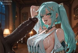 1boy 1girl after_ejaculation after_fellatio ai_generated alternate_breast_size aqua_hair arm_behind_head bare_shoulders breasts clothing_cutout cum cum_in_mouth cum_on_body cum_on_breasts cum_on_clothes cum_on_tongue cum_string dark-skinned_male dark_skin earrings erection facial faruzan_(genshin_impact) genshin_impact green_eyes hair_ornament hetero huge_penis indoors interracial jewelry lamp large_breasts large_penis long_hair looking_at_viewer neck_ring open_mouth penis sideboob solo_focus testicles tongue tongue_out twintails uncensored upper_body vantawaifu veins veiny_penis x_hair_ornament