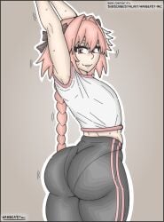 1boy 2d androgynous arms_up ass ass_focus astolfo_(fate) athletic athletic_femboy back_view big_ass braided_hair clothed clothing fate_(series) femboy femboy_focus femboy_only feminine_male gym_clothes leggings looking_at_viewer looking_back male pink_eyes pink_hair ribbon round_ass simple_background simple_coloring simple_shading smiling smiling_at_viewer solo stretching thick thick_ass thick_legs thick_thighs thighs warbeastinc. wide_hips wide_thighs