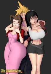 1boy 2girls 3d aerith_gainsborough clothed clothing cloud_strife erection female final_fantasy final_fantasy_vii light-skinned_female light-skinned_male light_skin male penis penis_out straightasan tifa_lockhart tifa_lockhart_(1997)