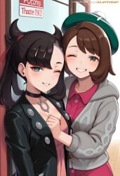 2girls ai_generated aqua_eyes artist_name asymmetrical_bangs asymmetrical_hair bangs black_choker black_hair black_jacket blue_eyes blush bob_cut breasts brown_eyes brown_hair buttons cardigan choker collarbone dress earrings gloria_(pokemon) gloria_\\\\\\\\(pokemon\\\\\\\\) green_eyes green_headwear grey_cardigan grin hair_ribbon hat hooded_cardigan jacket jewelry juliatitusart long_hair long_sleeves looking_at_viewer makeup marnie_(pokemon) marnie_\\\\\\\\(pokemon\\\\\\\\) medium_hair multiple_girls one_eye_closed open_clothes open_jacket parted_lips pink_dress red_ribbon ribbon short_hair smile tam_o'_shanter teeth twintails upper_body watermark web_address yuri