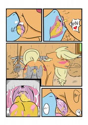 anus apple applejack_(mlp) barn barrel blush closed_eyes comic cowboy_hat cunnilingus cutie_mark dialog drink english_text equine female feral freckles friendship_is_magic fruit hair hat horse kyokimute monochrome my_little_pony open_mouth oral oral_sex peeing pegasus pony pussy rainbow_dash_(mlp) sex text urine vaginal_penetration watersports wings yuri