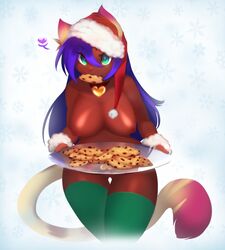 anthro blue_eyes breasts brown_fur christmas cookie dialog ember erect_nipples feline female fur furry hair hat heart holidays kanel long_hair looking_at_viewer nipples plain_background purple_hair santa_hat solo standing text white_background