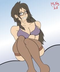 ai-goh_(mcnuggetronis) blue_eyes blush blushing bra closed_legs female female_only glasses looking_at_viewer looking_shy mcnuggetronis mcnuggetronis_(artist) nervous nervous_smile stockings