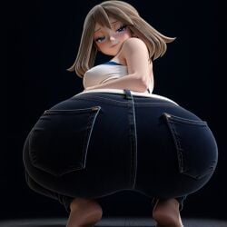 1girl solo pokemon nintendo game_freak pokemon_trainer may_(pokemon) pokemon_rse big_ass huge_ass ass_focus jeans black_jeans tight_jeans denim_jeans realistic_textures 3d looking_back from_behind from_below squatting brown_hair blue_eyes smile naughty_face ai_generated seraphim_ai pixelator42 dark_background dramatic_lighting bandeau pose belt white_belt feet