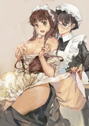 2girls apron archenemy_and_hero big_sister_maid black_hair breast_grab breasts brown_hair corset female female_only glasses groping head_maid hjl lezdom maid multiple_girls nipples open_mouth skirt skirt_lift smile surprised undressing yuri