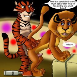 alakay_alex anal anthro blue_eyes dialog dreamworks feline fur furry furry_only gay green_eyes lion madagascar_(series) male no_humans penetration penis text tiger vitaly_the_tiger