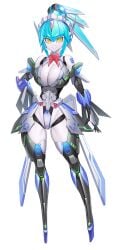 android aqua_hair arnetes_(taimanin) asahi_(fullmetal_madness) breasts female full_body hand_on_hip highleg highleg_leotard joints large_breasts leotard looking_at_viewer official_art ponytail robot_joints second-party_source smile smiling smiling_at_viewer solo taimanin_(series) taimanin_rpgx white_background yellow_eyes