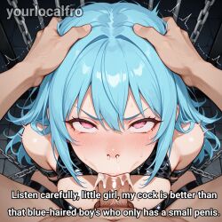1boy 1girls ahe_gao ai-created ai_generated angry_expression angry_face blowjob blue_hair cum_on_mouth cum_on_nose deep_penetration deepthroat deepthroat_holder dialog english_commentary english_dialouge eyes_up faceless_male female_focus female_penetrated friday_night_funkin hands_on_head kidnapped_female kidnapped_girl kidnapping male_penetrating_female pink_eyes pixai pov pov_male raped_female raped_girl sexy_clothing sky_(friday_night_funkin) slave_girl slave_outfit tagme torture