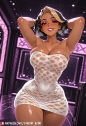 ai_generated armpits arms_behind_head arms_up black_hair blizzard_entertainment blush breasts carminroux cleavage curvy dark-skinned_female dark_skin domina female large_breasts looking_at_viewer makeup multicolored_hair naked_towel overwatch overwatch_2 patreon_username short_hair smile solo thick_thighs thighs towel two-tone_hair wet wide_hips