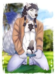 3:4 3_toes 5_fingers absurd_res anthro ball_tuft ballhawk balls black_hair black_nose blizzard_entertainment blue_body blue_fur blue_highlights braided_hair canid chest_tuft claws clothed clothed_anthro clothed_male clothing ear_piercing ear_ring erection facial_piercing feet fingers fluffy fluffy_chest foreskin fur genitals glans grey_penis grin hair hair_jewelry hi_res highlights_(coloring) jacket kneeling long_hair male male_only mammal nose_piercing nose_ring open_clothing open_shirt open_topwear painted_tail partially_retracted_foreskin penis piercing pink_glans presenting presenting_penis pubes reingarde ring_piercing shirt smile solo tail teasing toe_claws toes tooth_ring topwear tuft tyrartist underwear warcraft werecanid werecanine werecreature werewolf white_balls white_body white_fur worgen worgen_with_tail world_of_warcraft