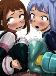 1boy 2girls big_breasts blue_eyes blue_eyes_female blue_hair blue_hair_female boku_no_hero_academia breasts brown_eyes brown_eyes_female brown_hair brown_hair_female color color_edit colored colored_sketch colorization colorized colorshun double_paizuri female hero_outfit_(mha) heroine kaiman_garupan male male/female my_hero_academia nejire_hado nejire_hado_(hero_outfit) ochako_uraraka ochako_uraraka_(hero_outfit) open_mouth paizuri paizuri_lead_by_female rubber short_hair short_hair_female