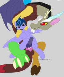 anal anal_sex balls corvid_quill cum cum_inside discord_(mlp) draconequus equine erection friendship_is_magic furry gay hair horn horse horsecock male messysketch multicolored_hair my_little_pony open_mouth original_character pegasus penetration penis plain_background pony red_eyes sex straight_hair wings