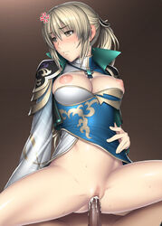 anger_vein areolae blonde_hair blush breasts breasts_out brown_eyes censored cowgirl_position cum cum_in_pussy cum_inside dynasty_warriors erect_nipples female high_resolution human kansuke male necklace nipples no_bra no_panties penis ponytail pussy sex shin_sangoku_musou shin_sangoku_musou_6 spread_legs straddle straight sweat tied_hair vaginal_penetration wang_yuanji