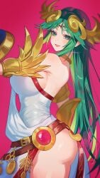 1girls absurdres ass bracelet breasts circlet dress female gold_bracelet green_eyes green_hair highres jewelry kid_icarus large_breasts long_hair looking_at_viewer nintendo palutena sideass sideboob simple_background solo straight_hair upper_body very_long_hair white_dress yasaikakiage