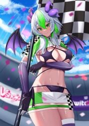 1girls belly big_breasts bikini blush breasts cleavage cloud clouds confetti cowboy_shot day dutch_angle elbow_gloves female female_only flag flat_stomach froot gloves green_eyes green_hair grey_hair hairclip happy hips holding_flag holding_object indie_virtual_youtuber jacket large_breasts looking_at_viewer midriff miniskirt multicolored_hair navel outdoors pale-skinned_female pale_skin race_queen revealing_clothes shiny_skin short_hair short_skirt short_sleeves sideboob single_thighhigh skimpy_clothes skirt sky smile solo stadium stadium_background stomach thick_thighs thighhighs thighs underboob virtual_youtuber vtuber wide_hips wings
