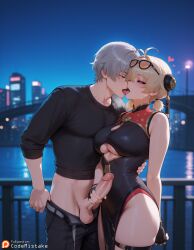 1boy 1boy1girl 1boys 1girl1boy 1girls ai_generated bare_hips bare_shoulders black_shirt blonde_hair bun_cover china_dress codemistake erection eyewear_on_head female fingerless_gloves french_kiss green_eyes grey_hair handjob hug kissing long_sleeves pants pants_down pants_pull patreon patreon_link patreon_logo patreon_url patreon_username penis penis_grab purple_eyes standing sweety_(zenless_zone_zero) testicles tongue underboob underboob_cutout wise_(zenless_zone_zero) zenless_zone_zero