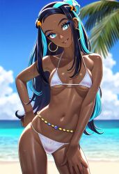 1girls 2d 2d_(artwork) ai_generated beach beach_background bikini bikini_bottom bikini_top bra brown-skinned_female brown_skin clouds day female female_focus female_only front_view kawa_ai001 long_hair looking_at_viewer nessa_(pokemon) ocean outdoors palm_tree pokemon sand sexy sky slim_girl smiling smiling_at_viewer solo solo_female solo_focus standing swimsuit thong thong_bikini tree two-tone_hair two_piece_swimsuit water wet wet_body white_bikini white_bikini_bottom white_bikini_top white_swimsuit young younger_female