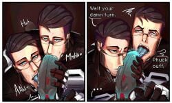 2d adler_(signalis) android arguing blue_eyes double_oral gay mmm_threesome oc oral plac1dom robot signalis threesome yaoi