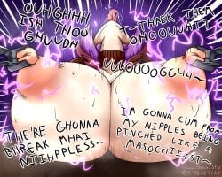 1girl ahe_gao alternate_breast_size begging bondage captured comission courtney_(pokemon) defeated defeated_villainess dialogue electric_shock electrodes electrostimulation english_text fake_horns female female_focus female_orgasm horns huge_breasts huge_nipples interrogation inutheuss lavender_hair masochism mind_break nipple_clamps nipple_stimulation orgasm pleading pokemon pokemon_oras purple_hair sparks team_magma torture