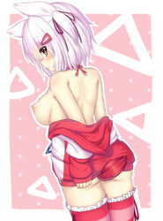 1girls ass breasts female hair_ornament hairclip humanized jacket latias nintendo nipples no_bra personification pink_legwear pokemon pokemon_(species) pokemon_rse shirt_pull sideboob striped striped_legwear tail thighhighs wataru_(zazazazazazawa) white_hair