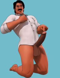1boy balls big_penis black_hair coco_(movie) dark_skin disney enrique_rivera erection green_eyes kneeling latino light_blue_background male male_only maychin mexican penis pubic_hair simple_background solo textless