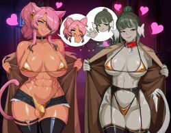 abs au_ra bimbo bulge cat_ears cat_tail catgirl coat dickgirl earrings exhibitionism exposing f.b.w female final_fantasy final_fantasy_xiv flashing futanari gold_bikini green_hair gyaru horns lingerie miqo'te pink_hair propositioning prostitution scales shino_senkatsu shorts side_ponytail tail thighhighs tongue_out zephyr_winds
