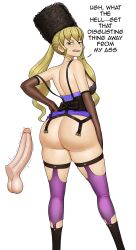 1boy 1girls alternate_version_available angry annoyed back_view big_ass blonde-haired_female blonde_female blonde_hair blonde_hair_female cock code_vein commission commissioner_upload corset degradation degradation_text dick disembodied_penis disgusted dress_up english_text fat_ass fur_hat hand_on_hip imminent_penetration imminent_rape imminent_sex large_ass large_cock large_dick large_penis legwear looking_at_partner looking_back looking_back_at_partner mia_karnstein penis plain_background skindentation skullkidsak text thick_ass twintails twitching_penis unimpressed unwilling_participant white_background