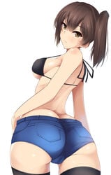 ass bra breasts brown_hair female highres kaga_(kantai_collection) kantai_collection nksk short_hair side_ponytail sideboob simple_background solo thighhighs underwear