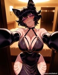 ai_generated animal_ears balecxi bare_shoulders black_dress black_gloves black_hair cat_ears cleavage elbow_gloves eyeshadow female indoors jewelry kali_belladonna large_breasts looking_at_viewer makeup patreon_username rwby seductive_smile short_hair solo yellow_eyes