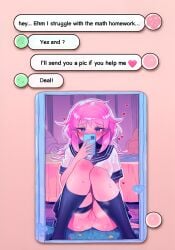 1girls ai_generated alternate_version_at_source asking asking_for_help ass bed bedroom blush body_blush carpet chat chat_box clothing covering_face cute embarrassed embarrassed_nude_female enf english english_text exposed exposed_ass exposed_pussy eyelashes facing_viewer female female_focus female_only flashing front_view full_body heart heart_symbol hi_res holding holding_object holding_phone horny horny_female indoors izacru0 knees knees_together_feet_apart knees_up legs_together long_eyelashes long_hair medium_breasts message message_box messy_hair no_panties no_underwear nopan nudes nudes_on_phone on_floor on_ground original original_character phone phone_app phone_screen phone_text phone_view pink pink_hair portrait purple_eyes pussy pussy_juice pussy_juice_drip pussy_juice_trail pussy_peek raised_eyebrows school_uniform schoolgirl sending_nudes serafuku shiny_hair shiny_skin showing_off showing_pussy shy sitting sitting_on_floor skirt socks speech_bubble steam sweat text text_bubble text_message texting thigh_strap thighs