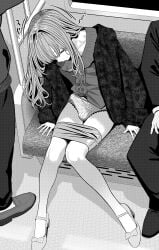 1boy black_and_white bulge bulge_through_clothing closed_eyes clothing crossdressing femboy greyscale jacket long_hair male male_only monochrome original panties shirt sitting skirt skirt_pull sleeping train train_interior trap turisasu wardrobe_malfunction