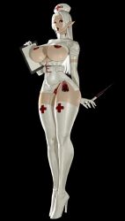 1girls elbow_gloves eyeshadow female female_only fuin gloves high_heels lipstick long_gloves makeup nurse nurse_uniform open_mouth panties pointy_ears revealing_clothes skimpy_clothes syringe thong underboob underboob_cutout uniform vampire vampire_girl white_clothing white_hair