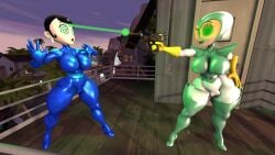 2girls 3d 3d_(artwork) agent_honeydew black_hair blue_bodysuit bodysuit dexter's_laboratory dexter's_mom go_dexter_mom_go green_and_white green_eyes hand_on_hip hypno_beam_gun hypnosis lipstick posing sfm spiral_eyes tagme visor visor_glasses yellow_gloves