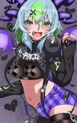 1girls arched_back belly_button big_breasts blush breasts collar contrapposto crop_top cross_pasties dog_collar female fishnet_clothing fishnet_shirt fishnet_topwear fishnets flat_stomach froot goth goth_girl green_eyes green_hair grey_hair hairclip horn_piercing horns indie_virtual_youtuber large_breasts looking_at_viewer midriff nail_polish naughty_face navel nipple_pasties oerba_yun_fang open_mouth painted_nails pale_skin pants pasties purple_nails ripped_clothing ripped_pants round_breasts short_hair shorts smile smug solo spiked_collar stomach straps thighhighs thong_straps tomboy tongue torn_clothes torn_legwear torn_pants underboob uneven_legwear virtual_youtuber vtuber wings