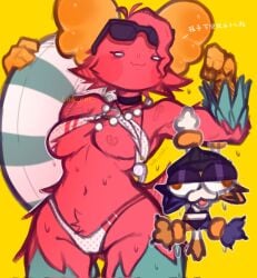lok_cat guff_(fortnite) fortnite tagme red_fur creature wings_on_head glasses_on_head glasses white_eyes blush choker necklace breasts wide_hips thick_thighs voluptuous slim_waist navel bikini holding_object holding meow_skulls_(fortnite) la_creatura