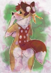 2013 anthro blondefoxy blush breasts canine female fur furry looking_back nude pussy sideboob solo