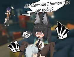 !!! 1boy 2girls animal_ear_fluff belle_(zenless_zone_zero) belt bernardo747 bernardo_(ggpa8423) big_ears black_hair blue_hair blurry_background blush bra breasts caught_in_the_act caught_off_guard closed_eyes collared_shirt door eyebrows eyebrows_visible_through_hair eyelashes fingernails fox_ears fox_girl gasp gloves grabbing_legs gray_hair green_jacket hair_ornament hand_on_head hi_res hoshimi_miyabi jacket kemonomimi leggings light-skinned_female light-skinned_male long_sleeves medium_breasts necktie on_bed open_mouth opened_shirt oral_sex orange_jacket pantyhose partially_clothed pillow poster red_eyes ripped_pantyhose room shaking shaking_legs shoes skirt smiling surprised surprised_expression sweating text_bubble thiren wise_(zenless_zone_zero) zenless_zone_zero