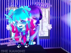 1boy blue_hair closed_eyes cyan_hair dressed female hatsune_miku hugs kaito_(vocaloid) pink_hair pompomcryo purple_hair rambler robot robot_girl robot_humanoid table_sex tight_pussy vaginal_penetration virtual_singer vocaloid