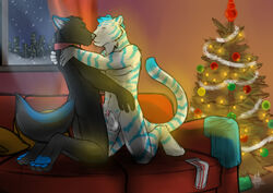 anthro canine couple cum dripping feline fur furry gay kissing licking male neck storm-tiger tiger tongue wolf