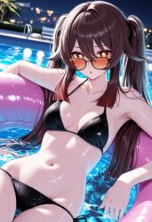 1girls :o ai_generated armpits bikini brown_hair flower-shaped_pupils genshin_impact hu_tao_(genshin_impact) looking_at_viewer looking_over_eyewear looking_over_sunglasses on_water relaxing sunglasses swimming_pool tagme tinted_eyewear wet_bikini wet_skin yumikami