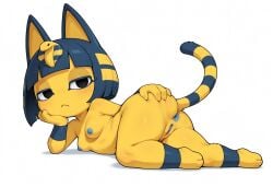 ai_generated animal_crossing ankha anthro anus areolae blue_hair bored_expression cat_ears cat_tail colored_anus colored_nipples colored_pussy feline female furry hair_ornament head_on_hand katalystnya laying_down looking_at_viewer naked navel nintendo nipples plain_background presenting presenting_anus pussy shadow simple_background small_breasts solo spreading_ass two-tone_hair white_background yellow_fur
