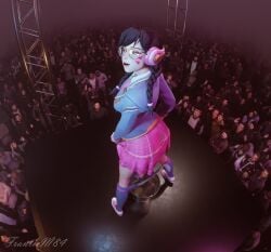 academy_d.va black_hair braid braided_hair braided_twintails d.va female female_focus franticm84 glasses headphones kneesocks open_mouth overwatch panties_down peeing pleated_skirt public public_indecency public_urination skirt stage standing standing_pee urine