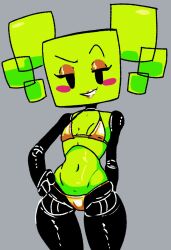 mimi_(super_paper_mario) paper_mario super_paper_mario mario_(series) green_skin golden_week dumbwitchyy square_head gold_bikini gold_eyeshadow golden_bikini bikini bikini_top bikini_bottom grey_background gold_lipstick golden_lipstick lipstick
