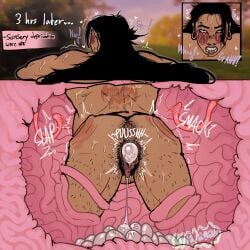artist_upload back_view big_ass black_hair colored colored_sketch cultteabagging cuntboy egg_from_pussy egg_laying english_text hairy_anus hairy_legs hairy_pussy jujutsu_kaisen kankaku_shadan long_hair muscular onomatopoeia orgasm_face pierced_genitals piercings pregnant pregnant_belly pregnant_cuntboy pussy slap_mark slapping_butt strained_expression straining stuck suguru_geto sweating sweaty tan_skin tentacle tentacle_pit tentacle_slap trapped watermark whip_marks wolfbrain908