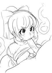 :>= blush bow breasts cleavage fellatio ghost hairbow hitodama jacqueline_(maniacpaint) large_breasts long_hair looking_up maniacpaint marina_(noill) monochrome oral original original_character ponytail sketch sweater_lift tied_hair turtleneck uncensored will-o-wisp