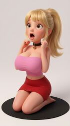 1girls ai_3d ai_generated bare_shoulders barefoot bell_collar big_breasts blonde-haired_female blonde_female blonde_hair brown_eyes collar elbows_up empty_background female female_focus female_only huge_breasts kneeling large_breasts light_skin looking_up miniskirt open_mouth ponytail random_character tight_clothes tight_clothing tubetop yellow_hair yoga_mat